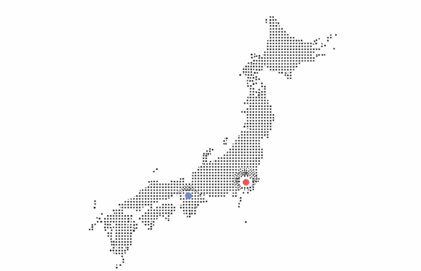日本地図に東京拠点が記されている