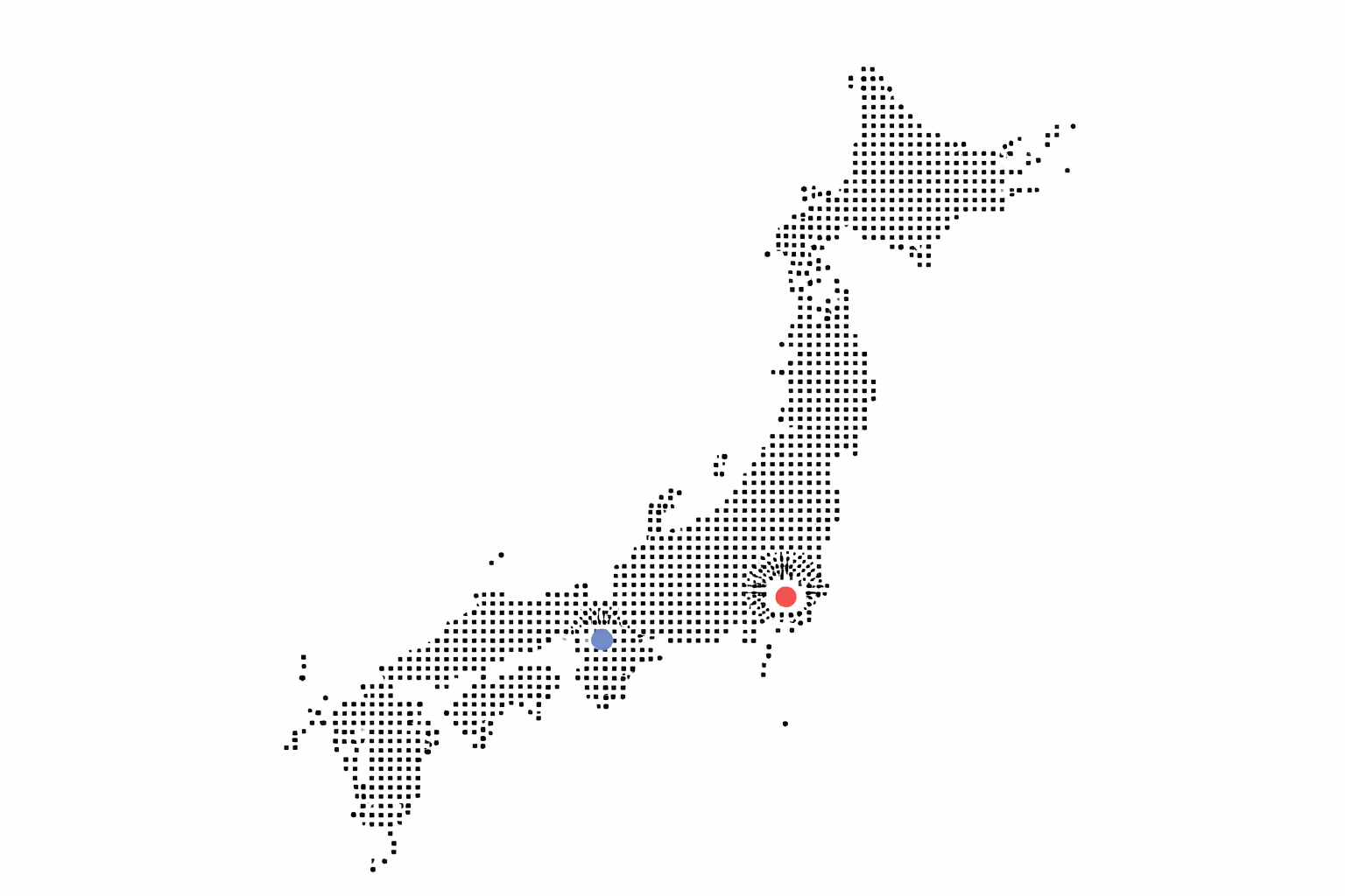 日本地図に東京拠点が記されている
